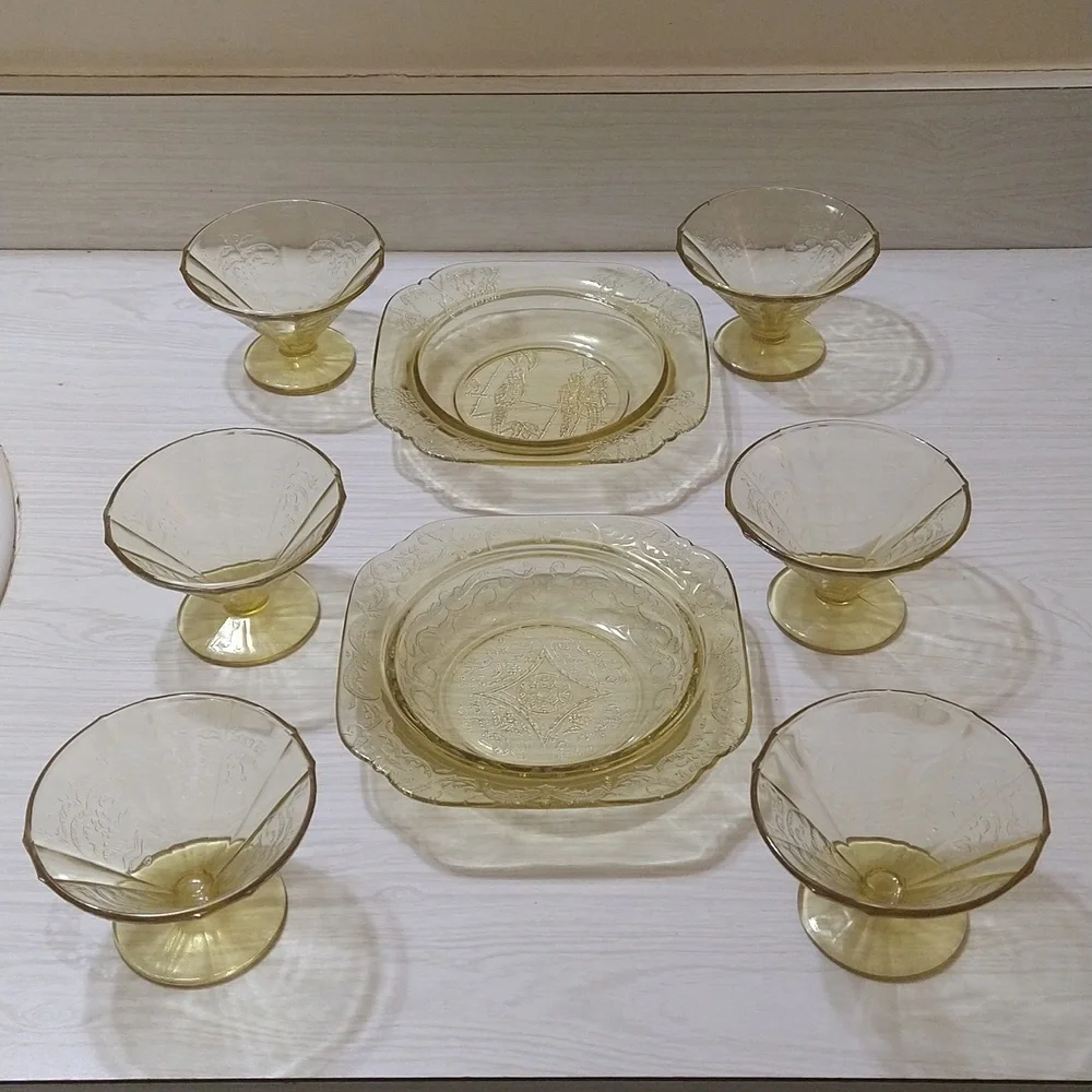 6 Federal Glass Madrid Amber Champagne Sherbet Set w/ 2 Plates Depression Set